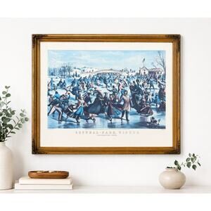Vintage Currier & Ives Central Park Winter Skating Pond Framed Print MCM